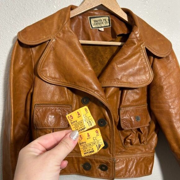 VTG 70s Womens Cropped Leather Jacket S/M Equipments Militaires Santa Fe Lapel - Picture 6 of 10